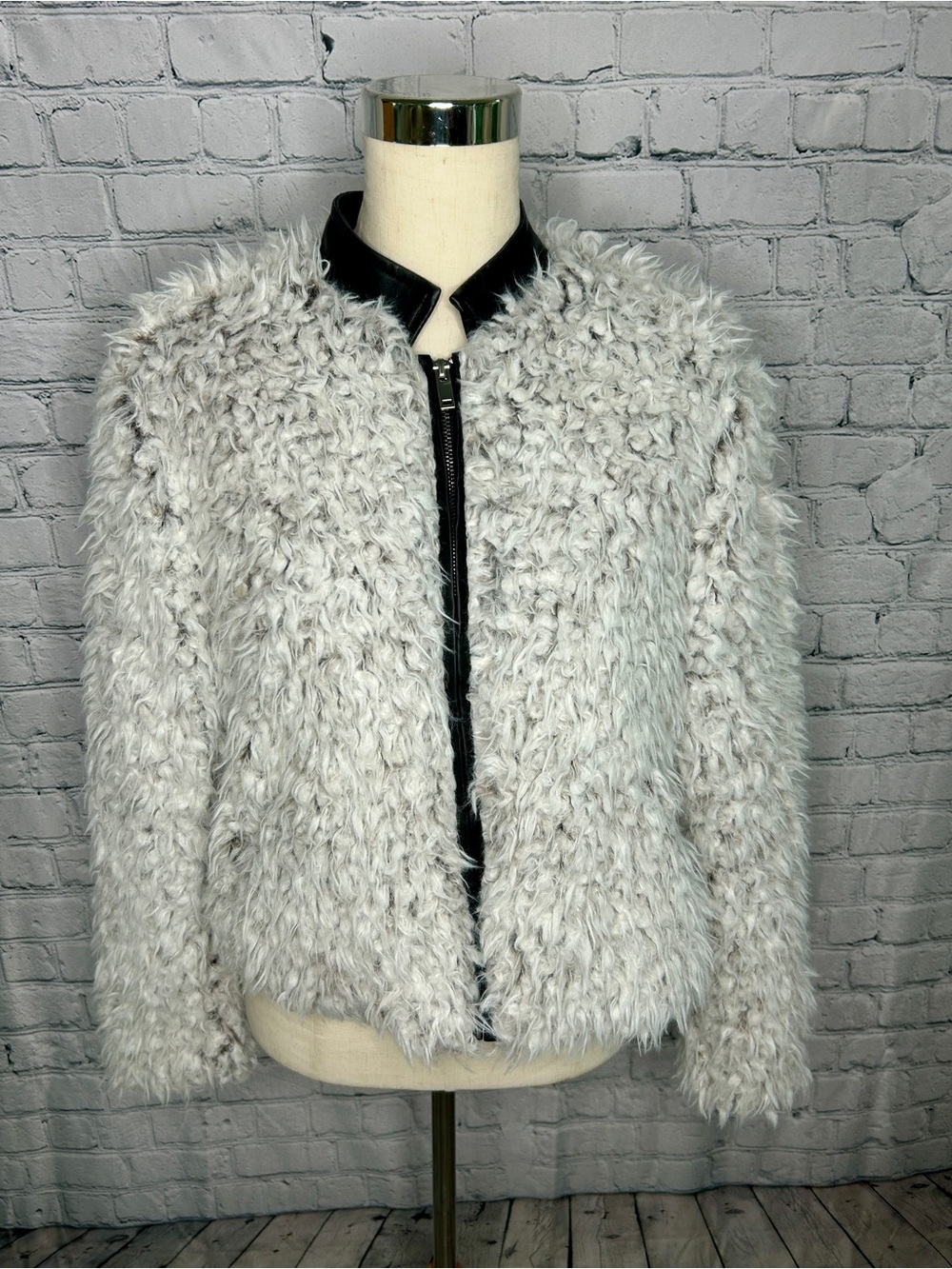 Stella + Lorenzo Light Gray Teddy Jacket with Black Trim